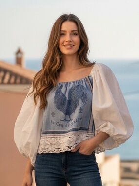 Mes Idées of Vermont  Handmade Blue & White Peasant Blouse. M/L